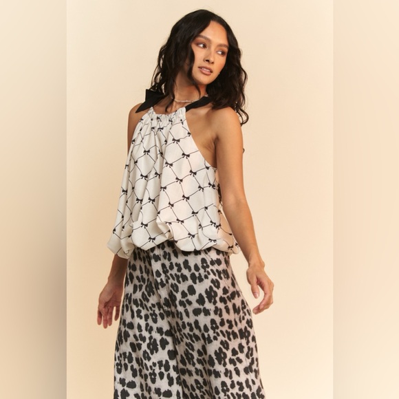 Davi & Dani Ribbon Checker Printed Tie Halter Neck Blouse Top🆕 - Picture 7 of 8